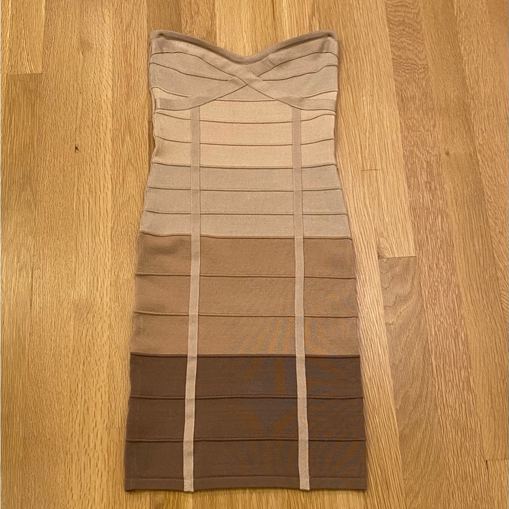 Bebe Vintage Womens Strapless Fitted Knot Dress / Blush Tan Brown Stripes /  XS